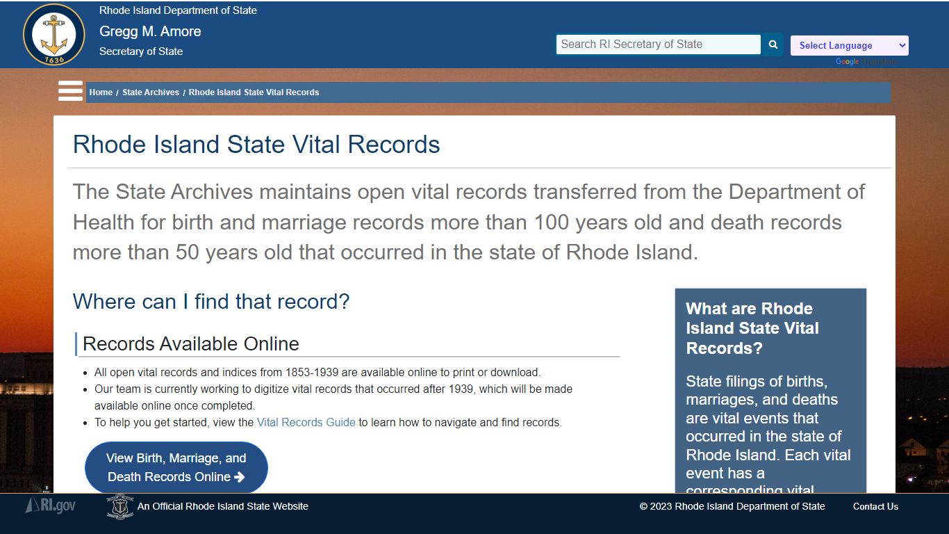 State Vital Records - Rhode Island - Gregg M. Amore